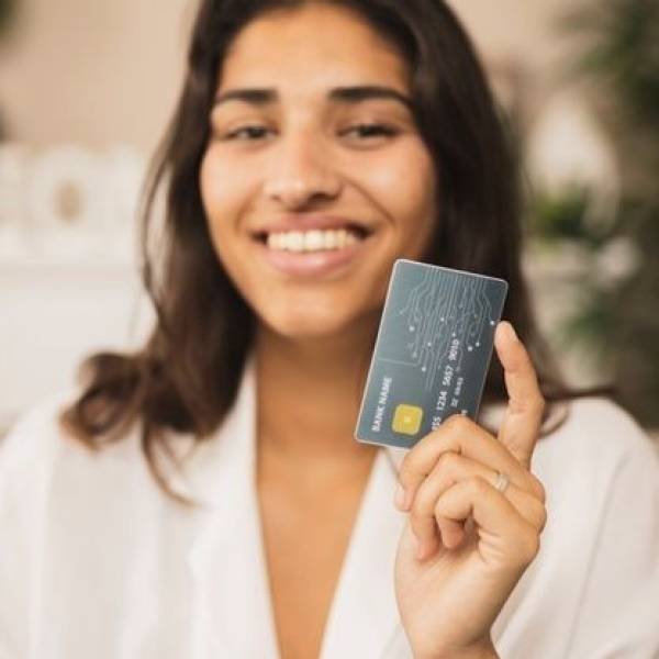 Free Photo _ Portrait of a woman holding a card